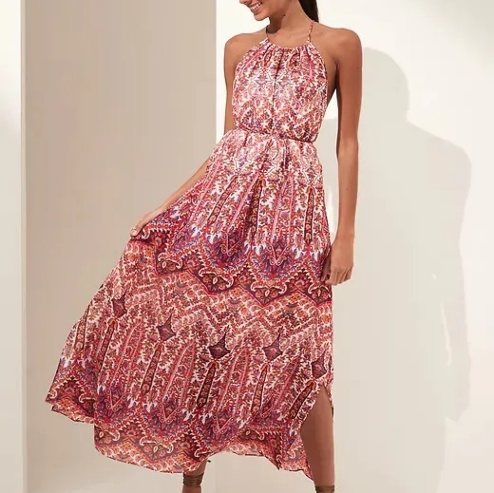 Banana Republic Ramie Backless Halter Maxi Dress Paisley Print | Size XS